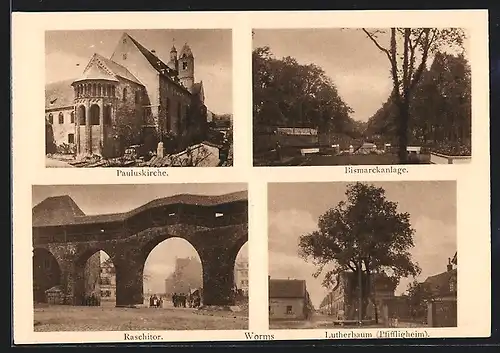 AK Worms, Pauluskirche, Bismarkanlage, Raschitor und Lutherbaum