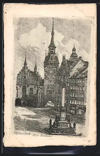 Künstler-AK München, Altes Rathaus mit Säulendenkmal