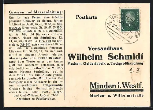 AK Minden i. W., Versandhaus / Kleiderfabrik Wilhelm Schmidt, Bestellkarte