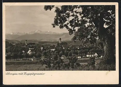 AK Schongau, Totalansicht mit Kirche und Zugspitzmassiv