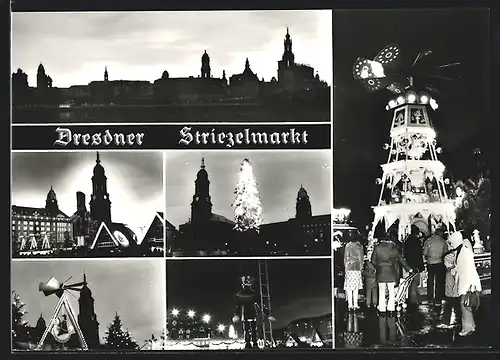 AK Dresden, Strietzelmarkt bei Nacht, Stadtpanorama