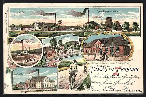 Lithographie Trabuhn, Braunkohlengrube und Ziegelei, Gasthaus und Postagentur C. Schulze