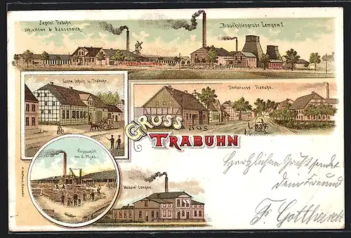 Lithographie Trabuhn, Braunkohlengrube und Ziegelei, Gasthaus Schulz, Molkerei Lemgow