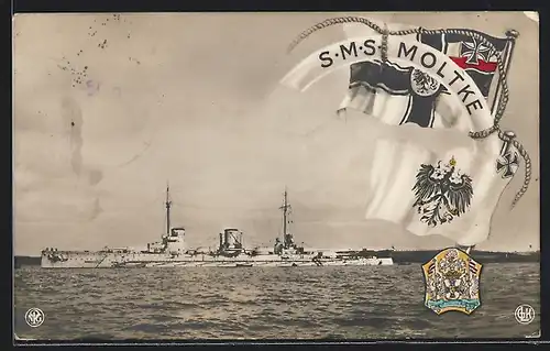 AK Kriegsschiff SMS Moltke liegt vor Anker, Reichskriegsflagge