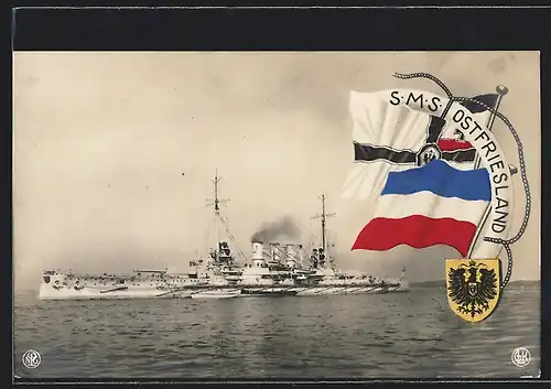 AK Kriegsschiff SMS Ostfriesland, Reichskriegsflagge und Wappen