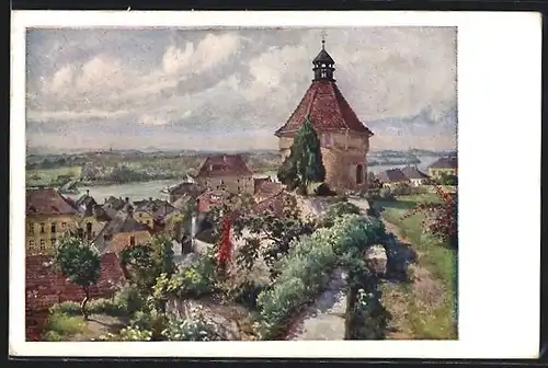 Künstler-AK Deutscher Schulverein Nr. 1374, Hans Götzinger: Mauthausen a. D., Panoramablick auf den Ort