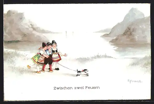 Künstler-AK Elly Frank: Zwischen zwei Feuern, Kinder mit Hund