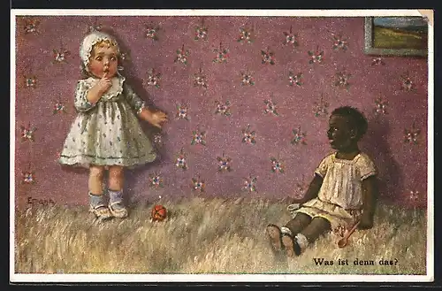 Künstler-AK Elly Frank: Was ist denn das?, kleines Mädchen erschrickt wegen einer Puppe mit dunkler Hautfarbe