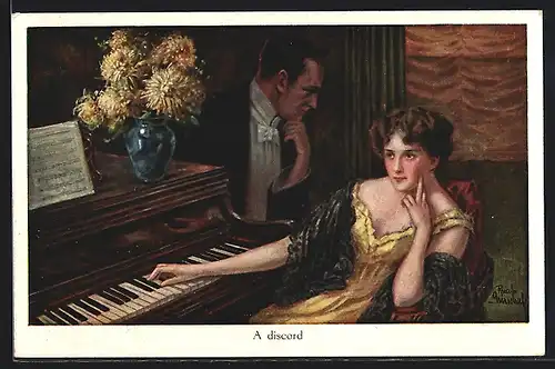 Künstler-AK Ruab Gnischaf: Dame am Klavier, Ehemann im Hintergrund