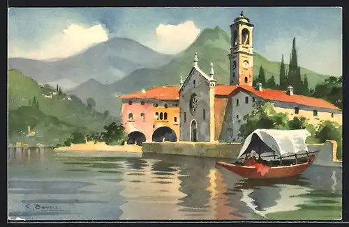 Künstler-AK S. Bonelli: Torno /Lago di Como, Ortspartie mit Boot und Kirche