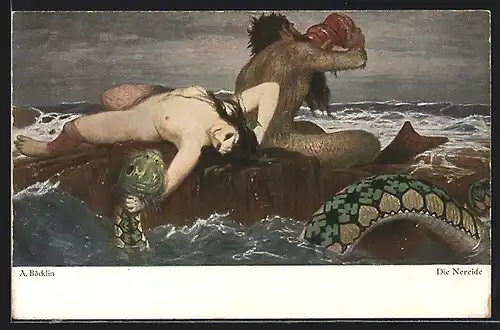 Künstler-AK Arnold Böcklin: Nereide, nackte Frau mit Meerschlange auf dem Felsen