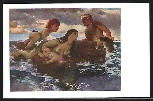 Künstler-AK Arnold Böcklin: Meeresidylle, Junge Familie beim Baden im Meer