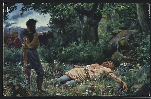 AK Hagen von Tronje steht vor dem sterbenden Siegfried, Nibelungen