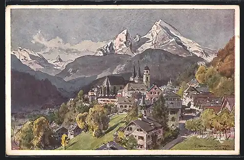 Künstler-AK Edward Harrison Compton: Berchtesgaden, Teilansicht mit Blick auf die Berge