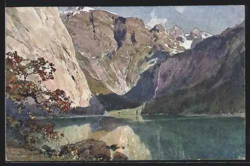 Künstler-AK Fritz Reiss: Obersee, Sicht über den See mit Gebirge