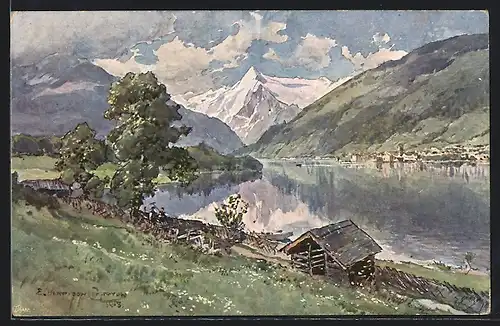 Künstler-AK Edward Harrison Compton: Zell am See, Uferpartie mit Bergpanorama