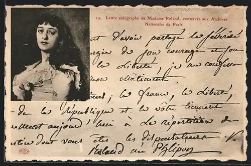 AK Paris, Lettre autographe de Madame Roland conservée aux Archives Nationales de Paris, französische Revolution