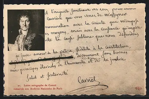 Künstler-AK Paris, Lettre autographe de Carnot conservée aux Archives Nationales de Paris, französische Revolution