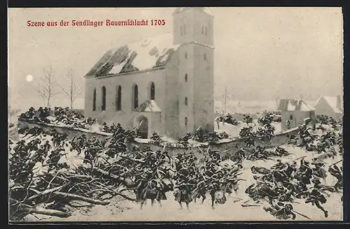 AK Sendlingen, Sendlinger Bauernschlacht 1705, Soldaten vor der Kirche im Winter