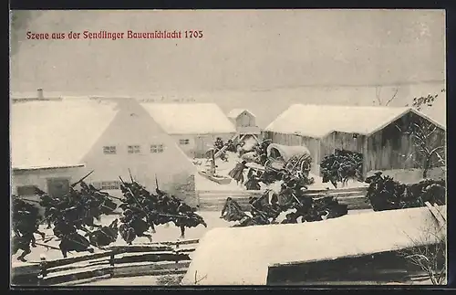 AK Sendlingen, Sendlinger Bauernschlacht 1705, Ortspartie mit Soldaten im Winter