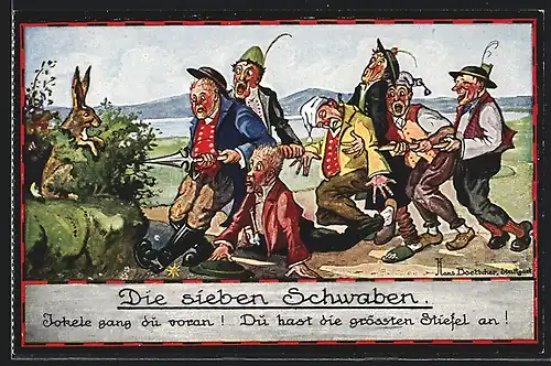Künstler-AK Hans Boettcher: Märchen Die sieben Schwaben- Die Schwaben begegnen einem Hasen