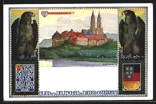 Künstler-AK Klosterneuburg, Blick zum Kloster, Bund der Deutschen in Niederösterreich
