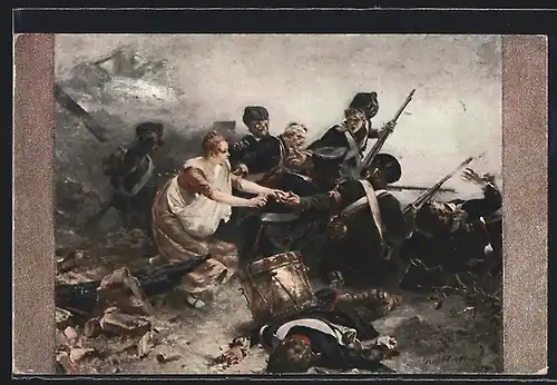 AK Die Heldin von Lüneburg Johanna Stegen mit Soldaten auf dem Schlachtfeld