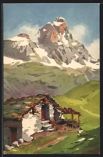 Künstler-AK S. Bonelli: Berghütte am Fusse eines Berges