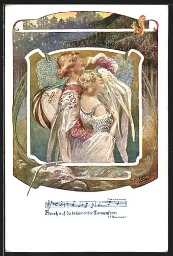 Künstler-AK W. Braun: Horch auf du träumender Tannenforst, Barde und Burgfräulein
