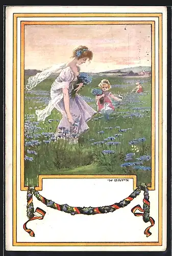 Künstler-AK W. Braun: Mutter und Kinder beim Blumenpflücken