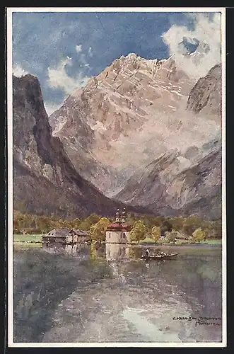 Künstler-AK Edward Harrison Compton: Panorama eines Sees mit Bergen, Kirche