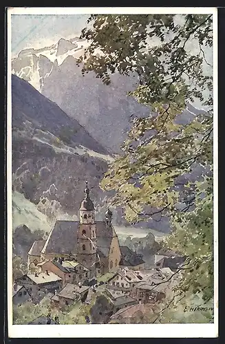 Künstler-AK Edward Harrison Compton: Berchtesgaden, Blick zur Franziskaner-Kirche