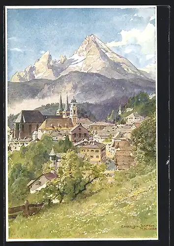 Künstler-AK Edward Harrison Compton: Ortsansicht von Berchtesgaden, Blick auf den Watzmann