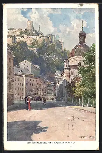 Künstler-AK Edward Theodore Compton: Salzburg, Blick auf die Festung Hohensalzburg und Kajetanerplatz