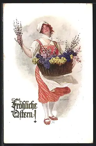 Künstler-AK W. Braun: Mädchen mit Blumenkorb, Ostergruss