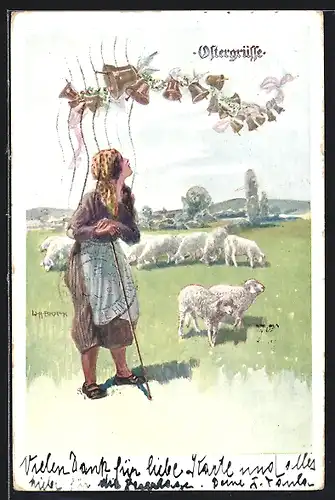 Künstler-AK W. Braun: Ostergrüsse, Schäferin