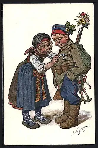 Künstler-AK Emil Beithan: Heimkehrender Soldat wird für seine Orden bewundert