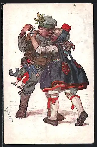 Künstler-AK Emil Beithan: Mädchen in hessischer Tracht liegt in den Armen seines Soldaten-Freundes, Eisernes Kreuz