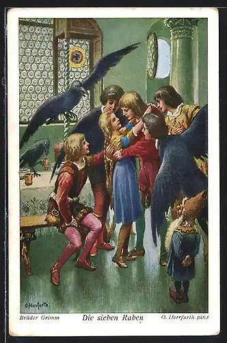 Künstler-AK Oskar Herrfurth: Märchen von den sieben Raben, Schwesterchen findet ihre Raben-Brüder
