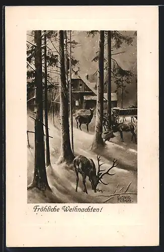 Künstler-AK Ludwig Fromme: Hirsch und Rehe in winterlicher Landschaft