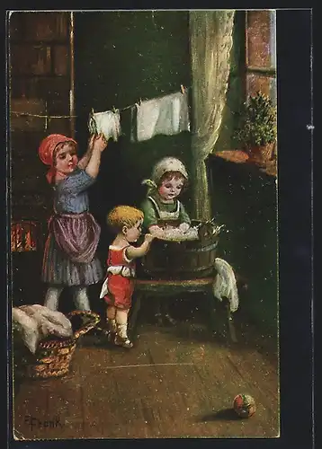 Künstler-AK Elly Frank: Kinder waschen Wäsche