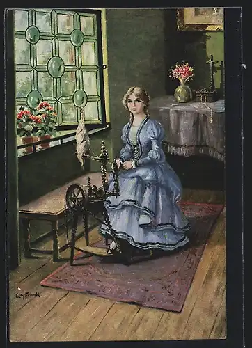 Künstler-AK Elly Frank: Gretchen am Spinnrad