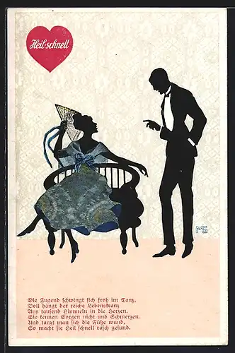 Künstler-AK Marte Graf: Paar beim Gespräch in einer Tanzpause, Silhouetten