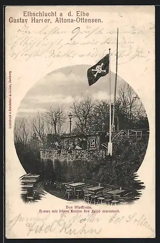 AK Altona-Ottensen, Elbschlucht /Elbe, Gustav Harrer, den Feind erwartend, Blockhaus mit Piratenflagge