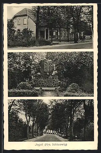 AK Jagel /Kr. Schleswig, Gasthaus, Kriegerdenkmal, Allee