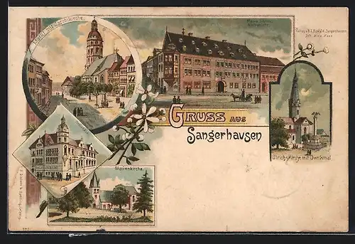 Lithographie Sangerhausen, Neues Schloss, Amtsgericht, Kreishaus & Markt mit Kirche