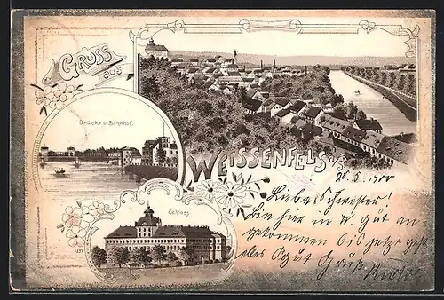 Lithographie Weissenfels, Bahnhof u. Brücke, Schloss, Gesamtansicht