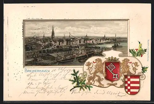 Passepartout-Lithographie Bremerhaven, Panorama mit Hafen, Wappen