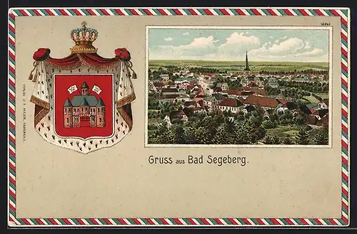 Passepartout-Lithographie Bad Segeberg, Gesamtansicht, Wappen