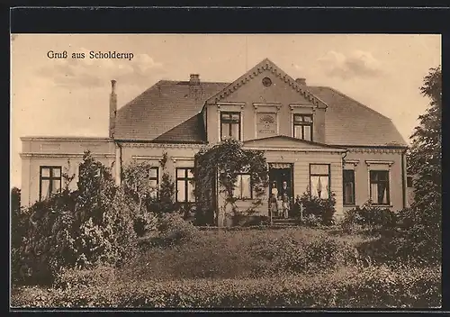 AK Scholderup, Villa mit Familie in der Eingangstür